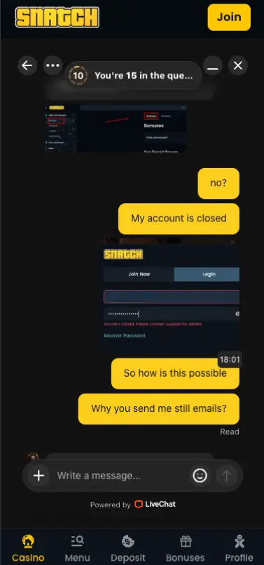 Snatch Casino Mobile Live Chat