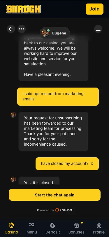 Snatch Casino Mobile Notification Chat