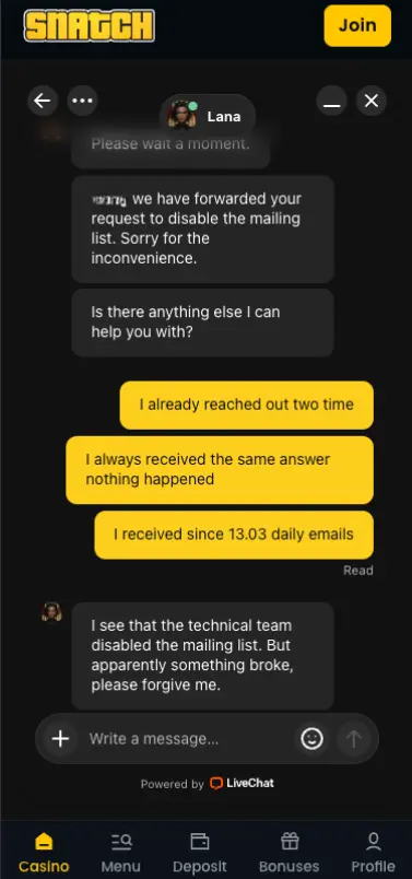 Snatch Casino Mobile Notification Chat