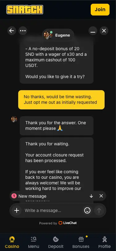 Snatch Casino Mobile Requested Chat