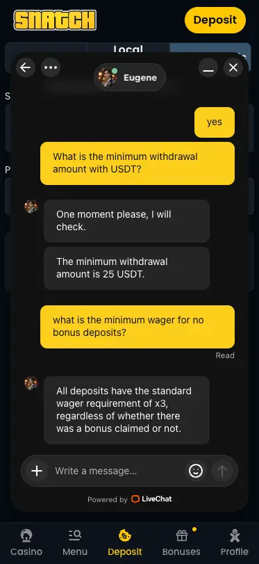 Snatch Casino Mobile Wager Chat