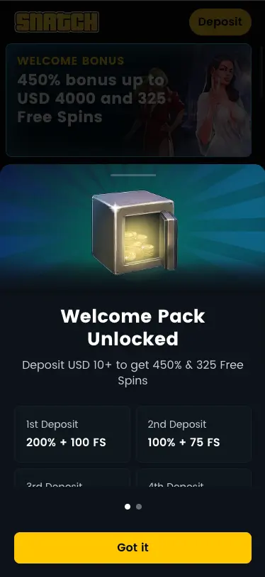 Snatch Casino Mobile Welcome Page