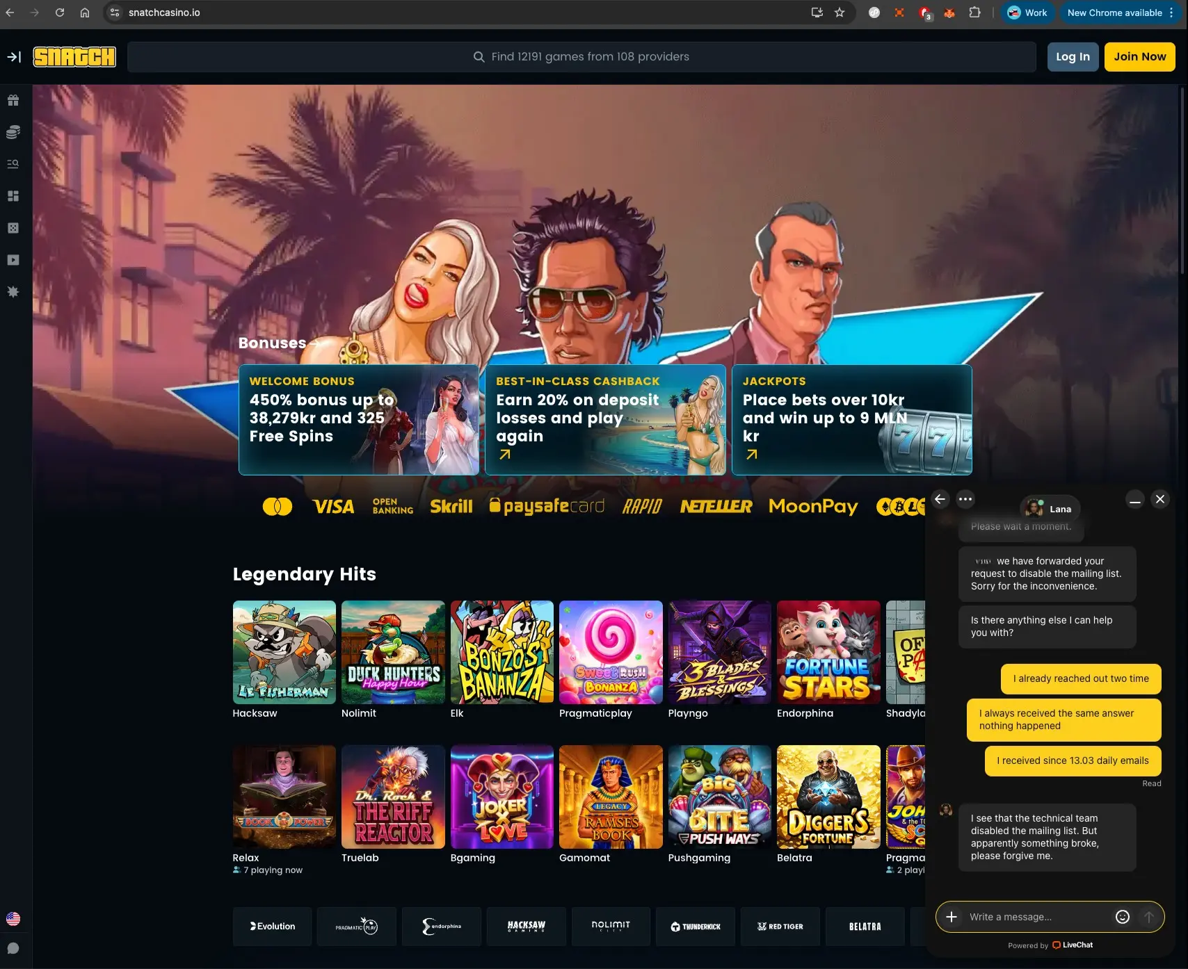 Snatch Casino Notification Chat