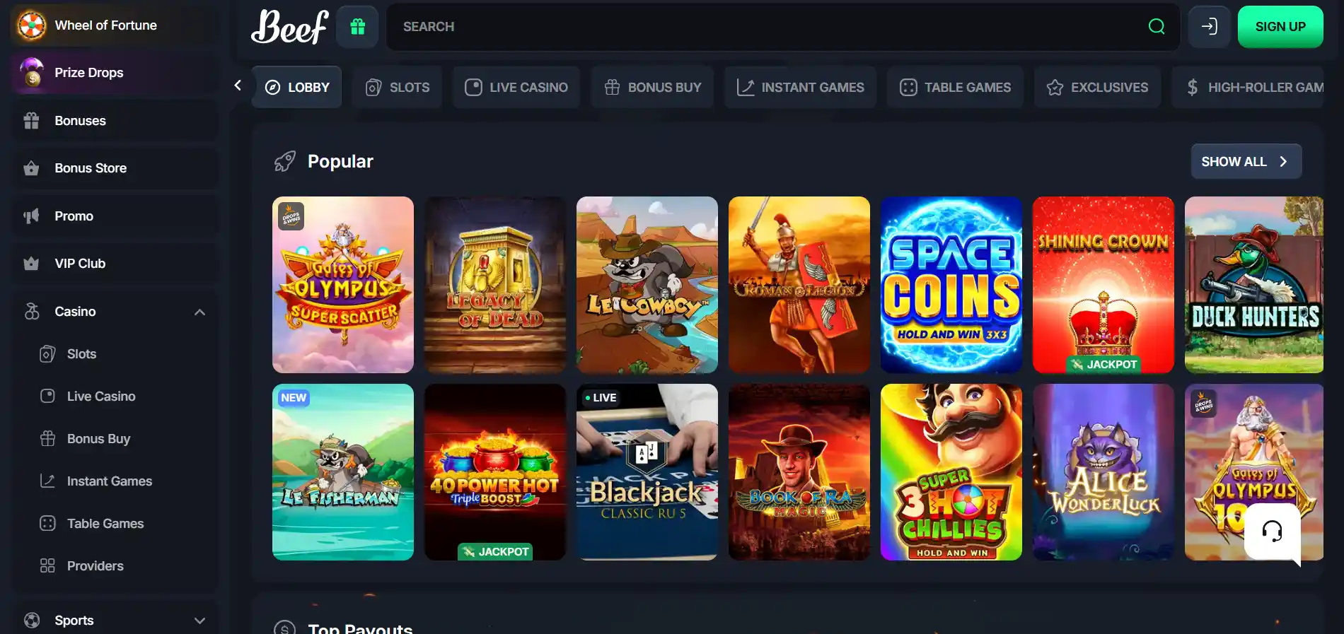 Beef online casino lobby interface displaying a navigation menu, search bar, and a grid of popular slot and casino games including Gates of Olympus, Legacy of Dead, and Space Coins.