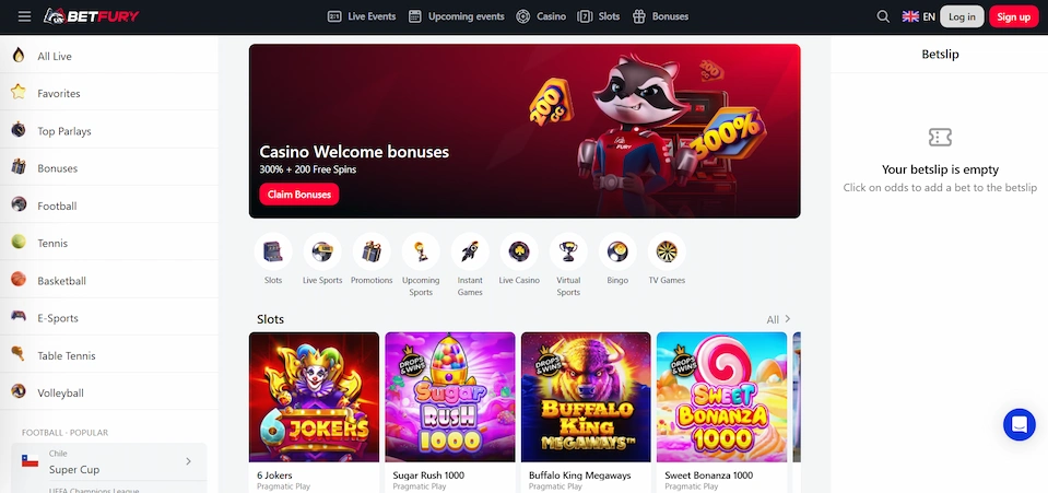 BetFury Chile Casino's page with bonus details and games against a white background.