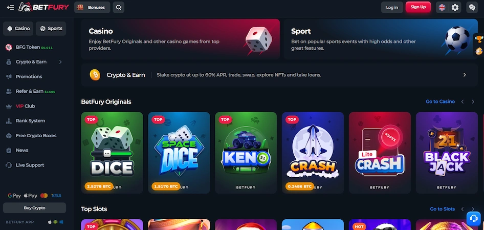 BetFury Casino's main page with its original games and menu against a dark background.