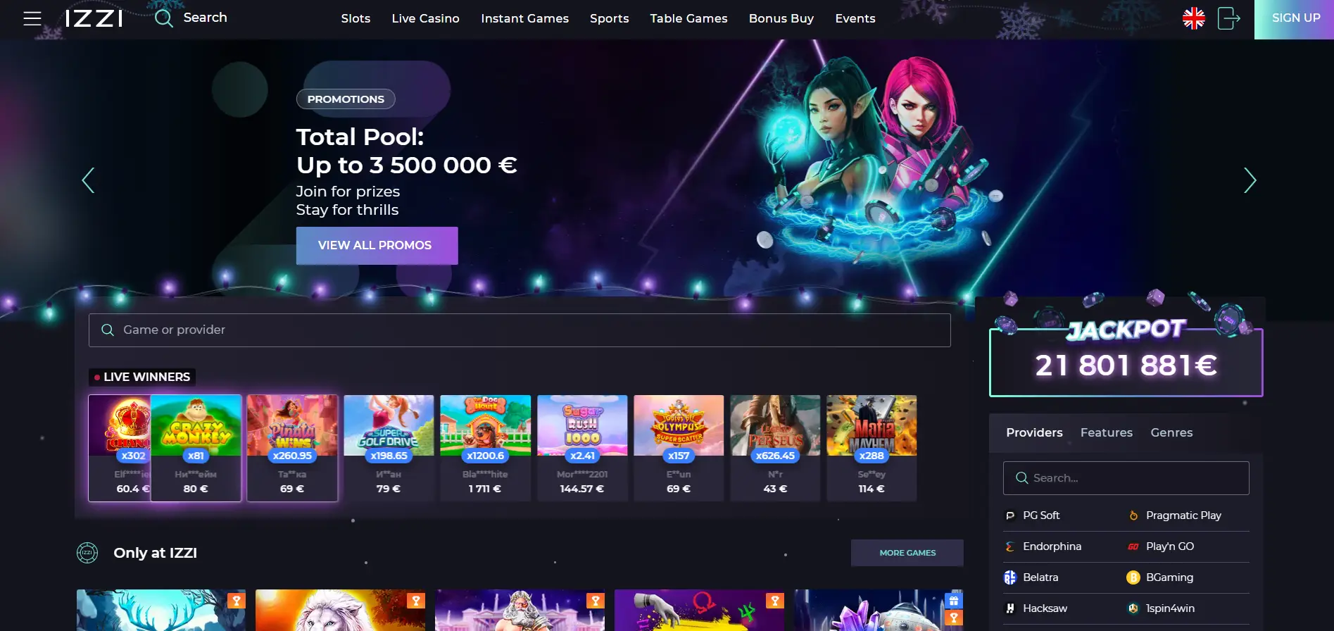 IZZI Casino's main page with a promo banner, selected games, and a menu against a black background.
