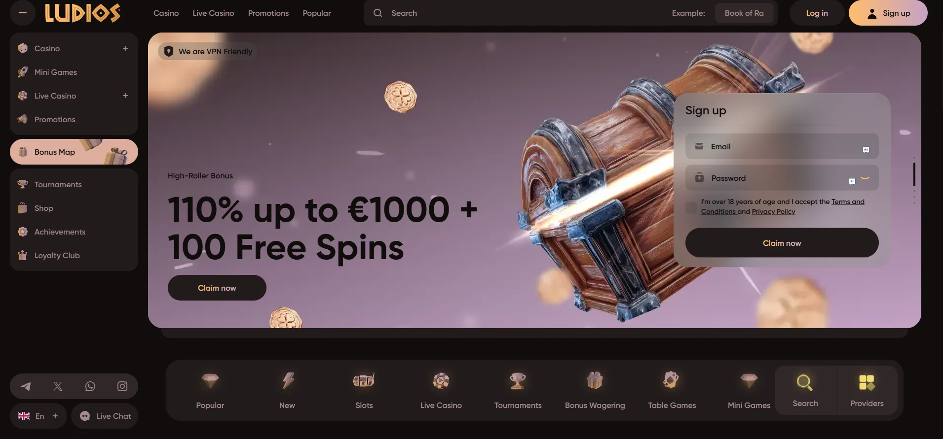 Ludios Casino's landing page with a bonus banner and a menu against a brown background.