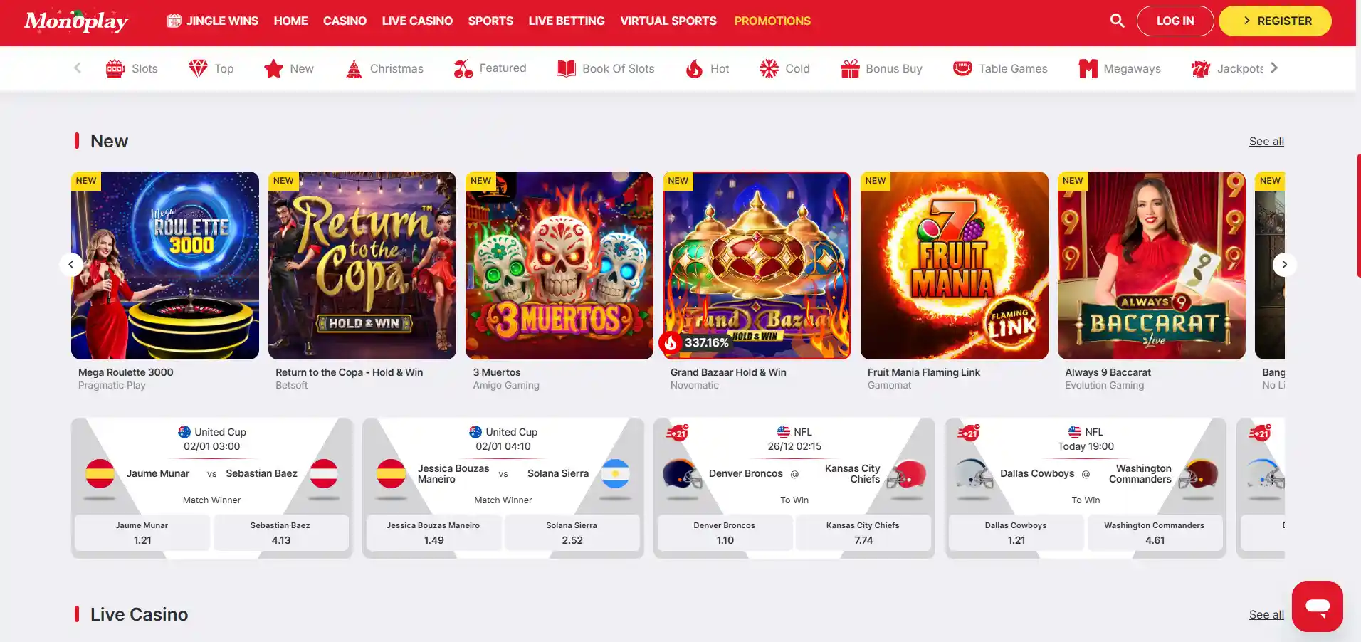 Monoplay casino's main page with selected games, filters, and menu against a white-red background.