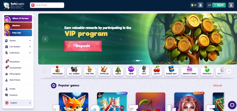 SafeCasino's main page with a VIP program, filters, menu and games on a purple background.