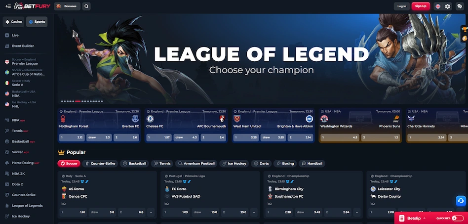 BetFury Casino's sportsbook with matches and sports against a dark background.