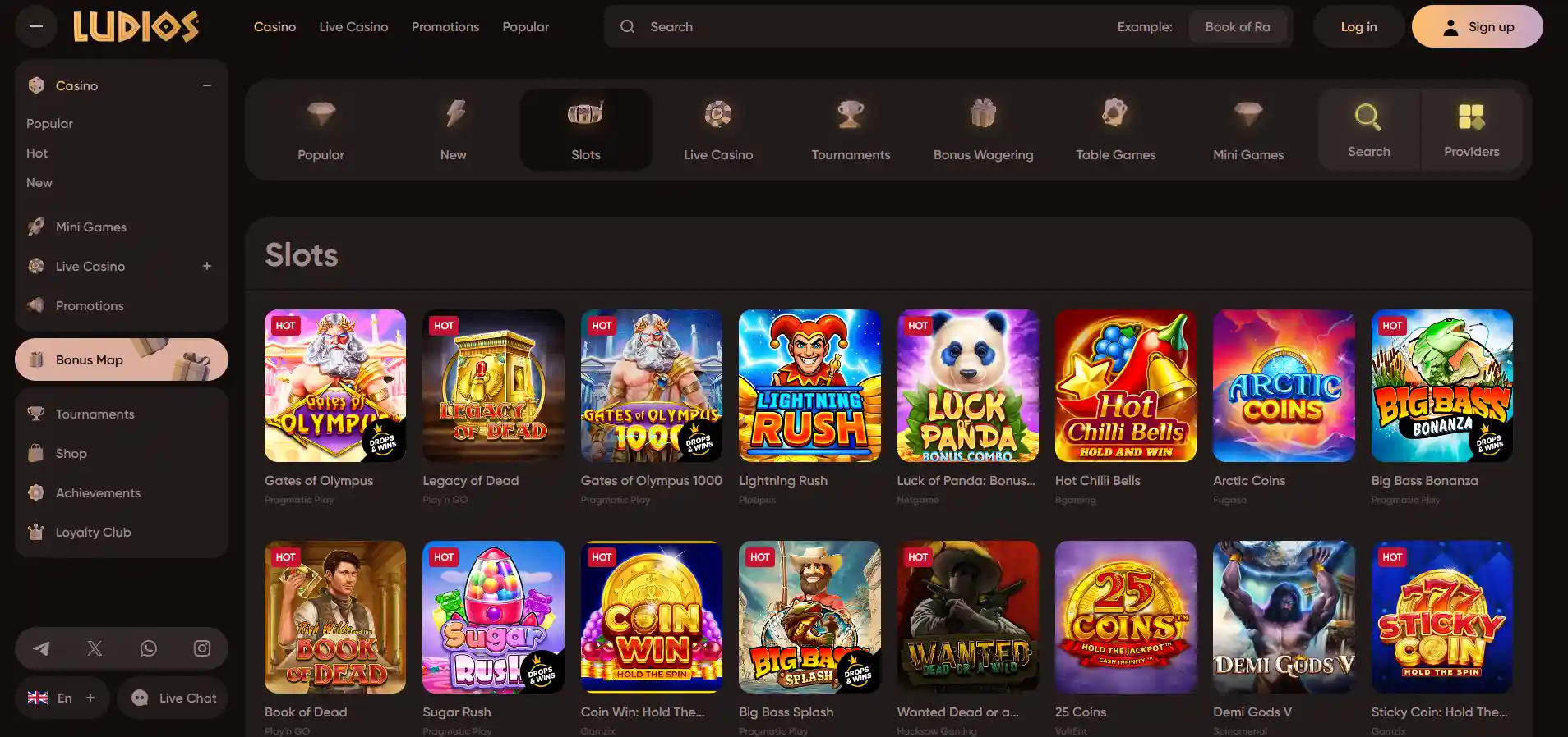 Ludios Casino's game hall with filtering options and a menu against a brown background.