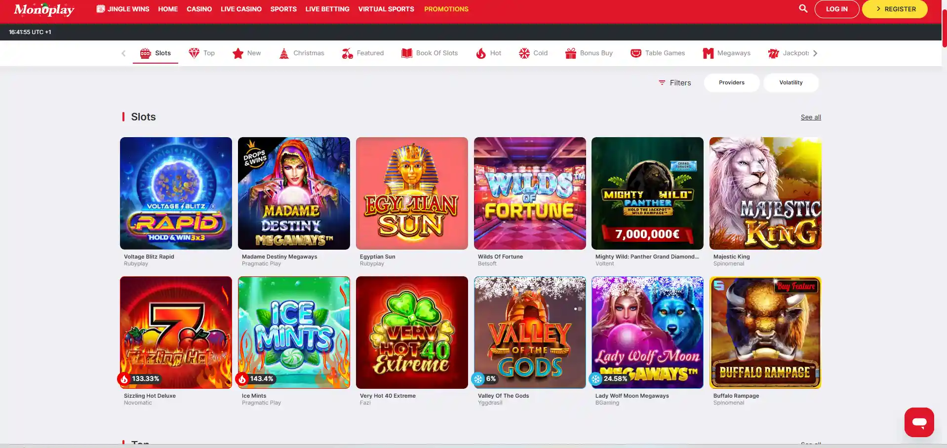 Monoplay casino's games with selected slots, filters, and menu against a white-red background.