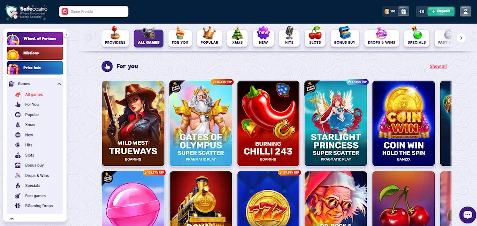 SafeCasino's games with selected games, filters, and menu on a purple background.
