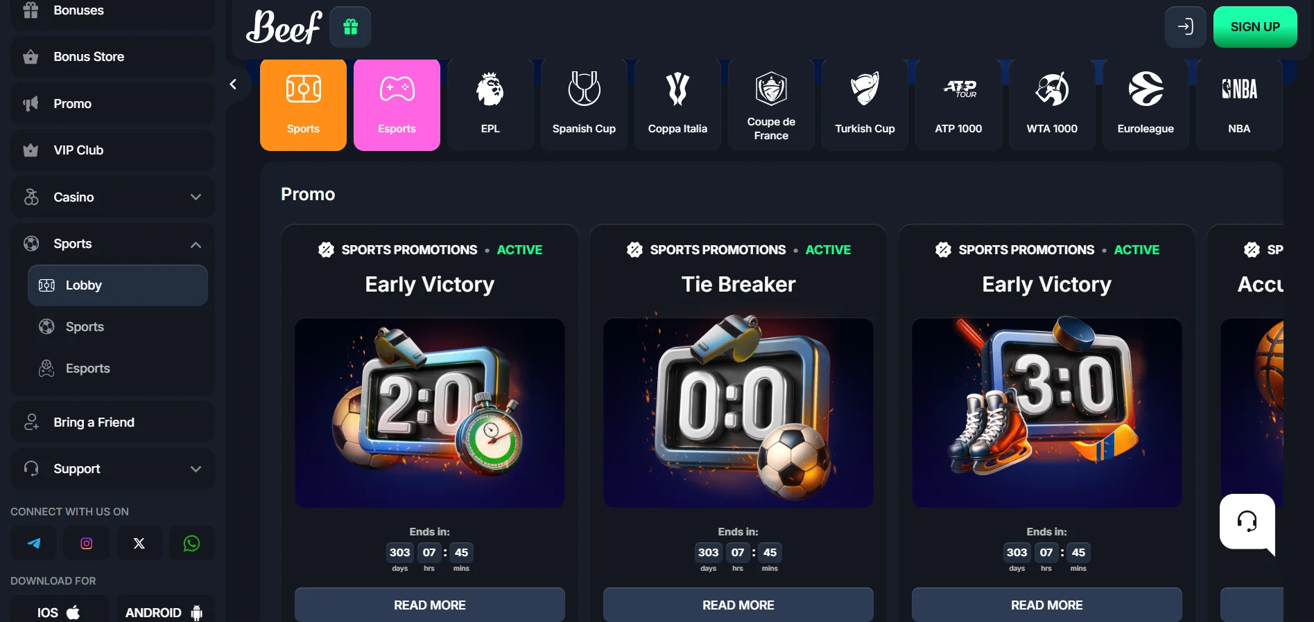 Beef sportsbook promotions page showing active offers such as Early Victory and Tie Breaker, with sports icons and a sidebar navigation menu.