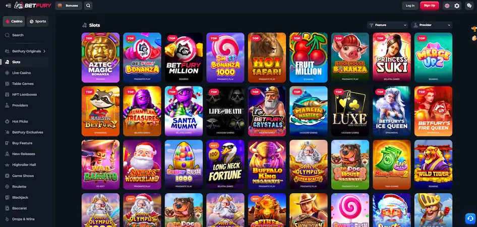 BetFury Casino's slots with selected titles and menu against a dark background.