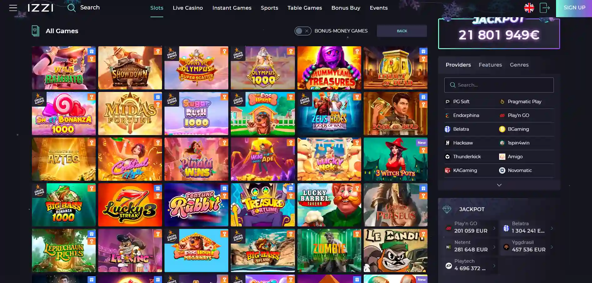 IZZI Casino's all games with selected titles, filtering and a menu against a black background.