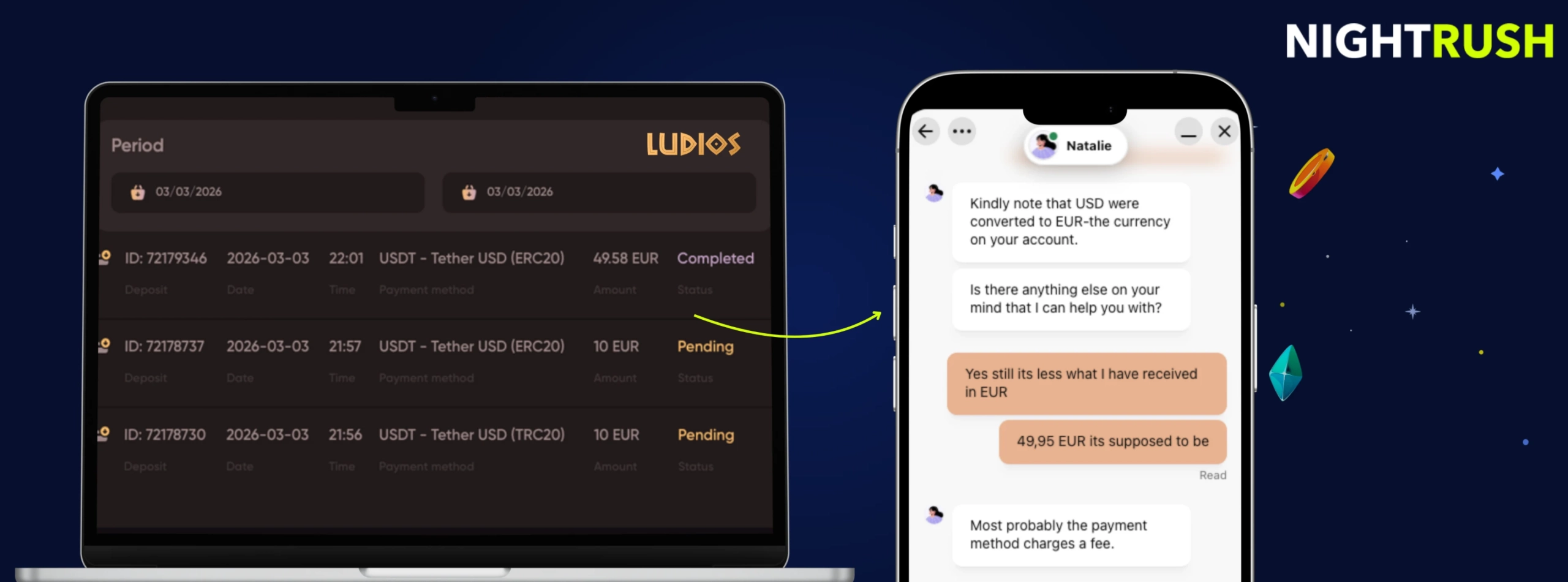 Ludios' withdrawal process on a laptop with a chat highlighted against a starry background.