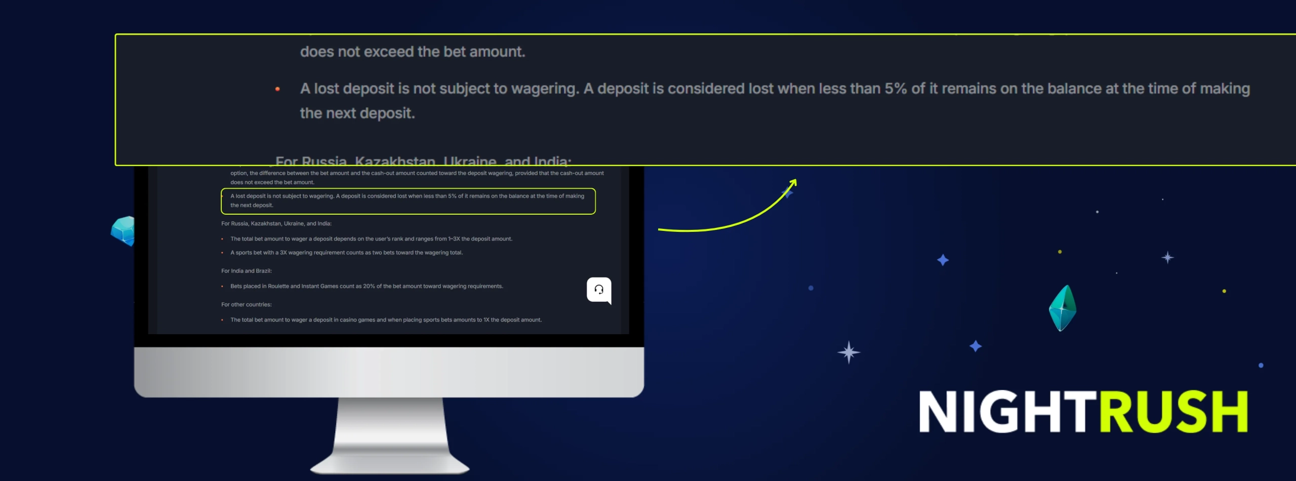 Nightrush guide highlighting a section of Beef casino terms and conditions on a desktop screen, explaining rules about lost deposits and wagering requirements.