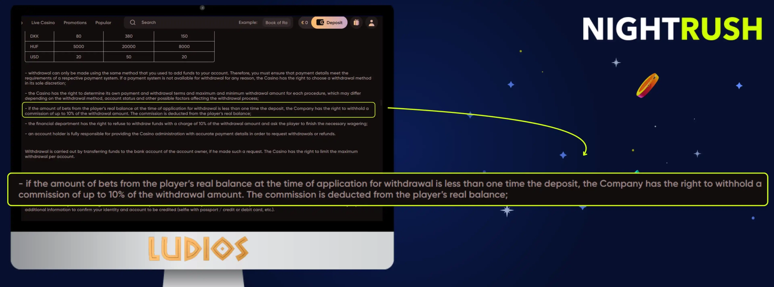Ludio Casino's terms on a screen with a 10% commission highlighted against a starry background.