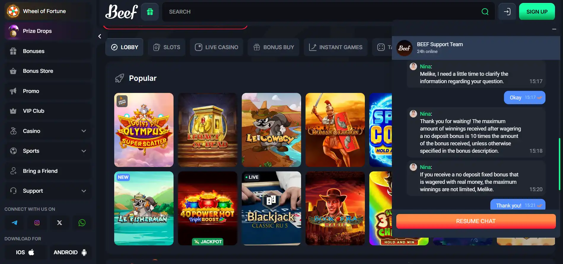 Beef online casino lobby with a live chat window open, showing a conversation with customer support about bonus wagering rules.
