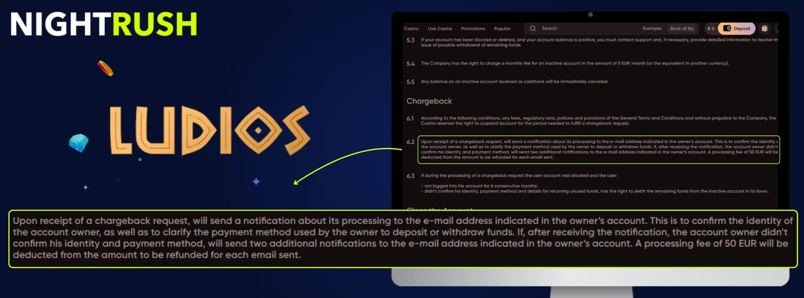 Ludio Casino's terms on a screen with a 50 euro fee highlighted against a starry background.