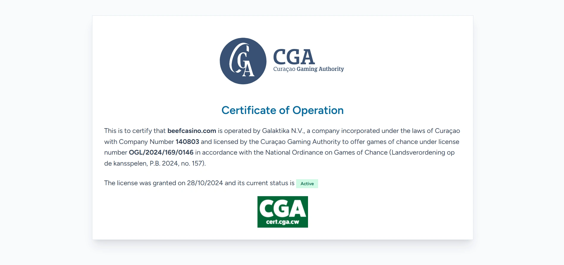 Curacao Gaming Authority certificate of operation confirming that beefcasino.com is licensed to offer games of chance under an active Curaçao license.