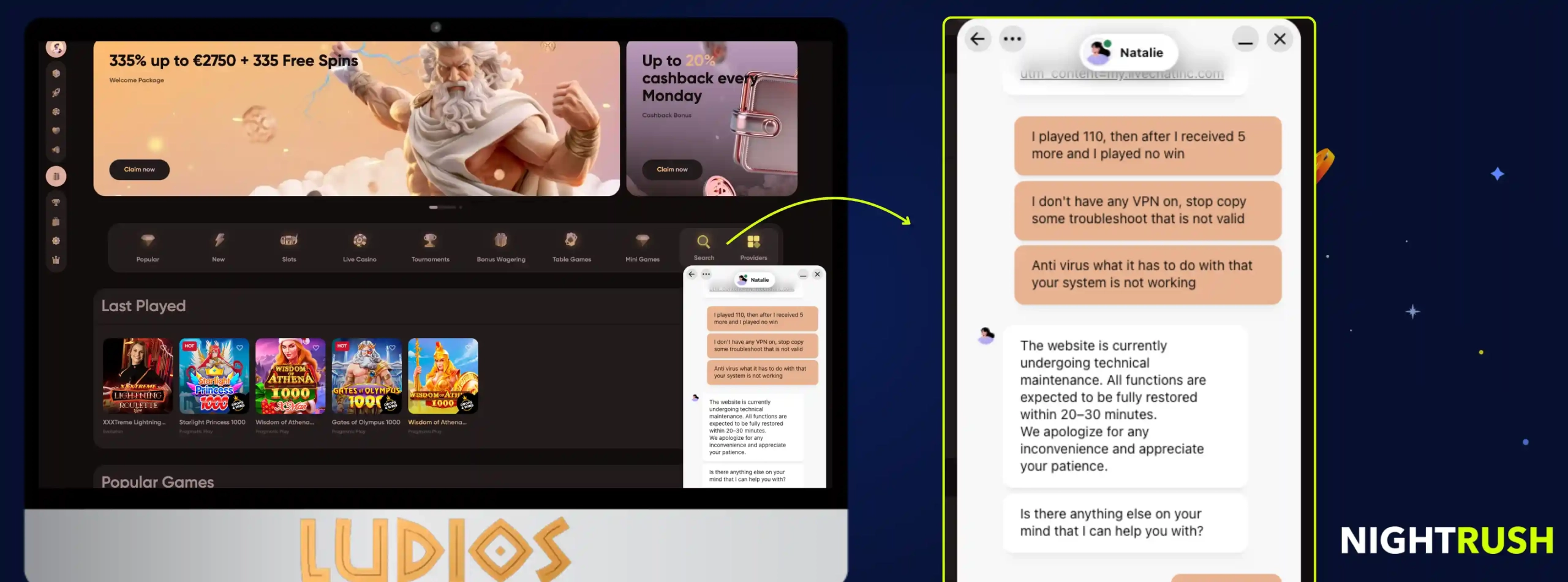 Ludio Casino's live chat on a screen with a conversation highlighted against a starry background.