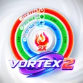 A neon blue and pink swirl forms a cosmic tunnel behind the Vortex 2 game logo.