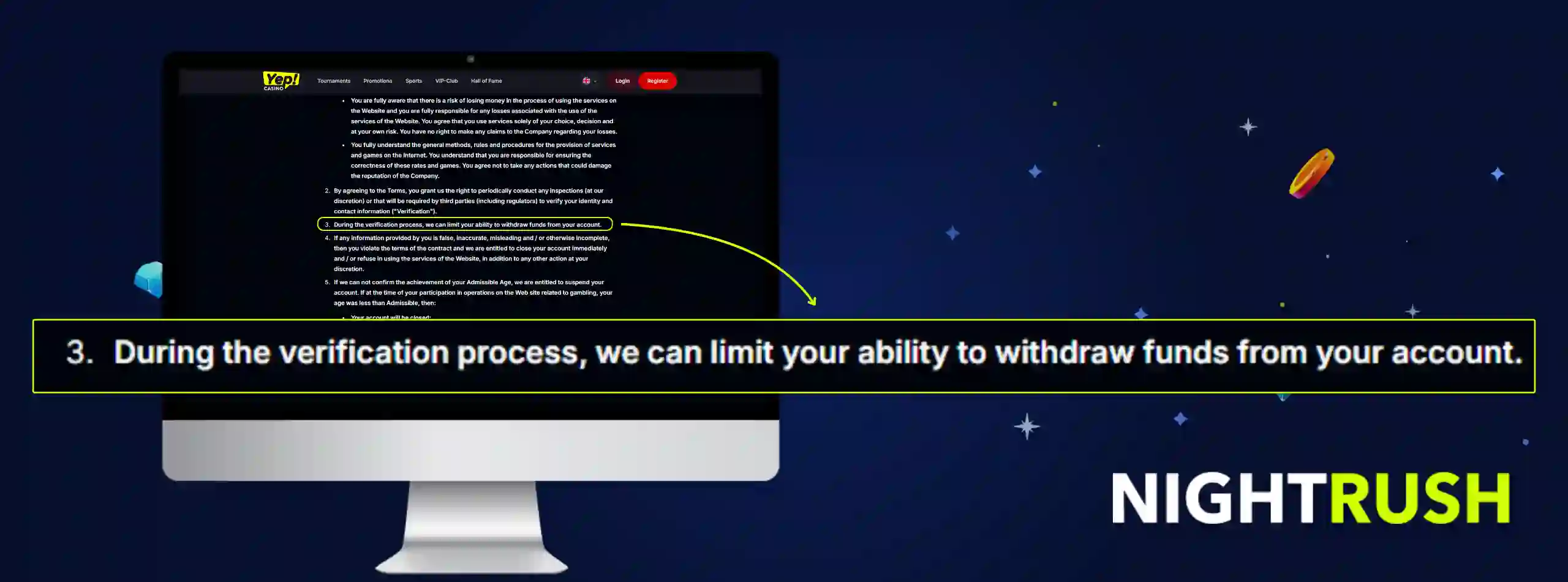 Monitors displaying the AML policy page for Yep Casino. A callout box highlights section 3.