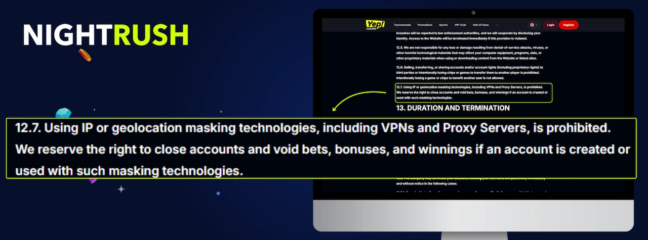 Screenshot highlights section 12.7 of Terms and Conditions of Yep Casino.