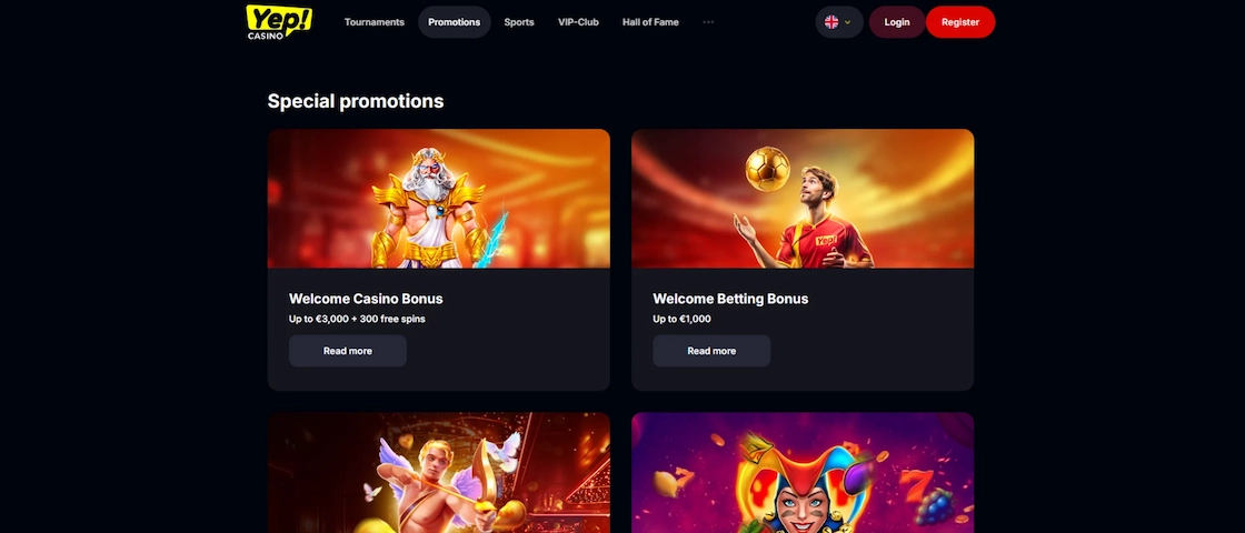 Screenshot of Yep Casino's promotions page.