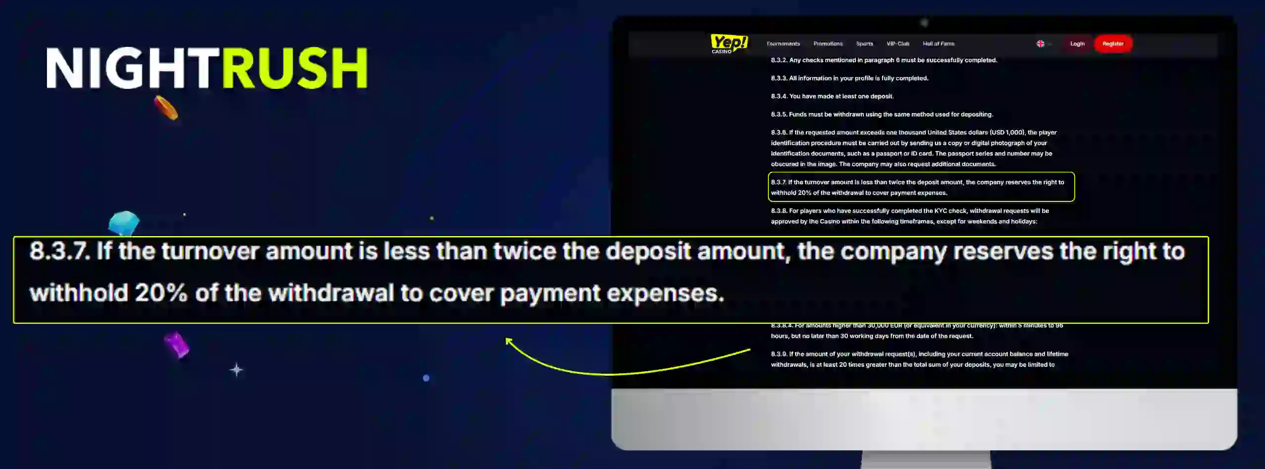 Monitors displaying the T&C page for Yep Casino. A callout box highlights section 8.3.7.