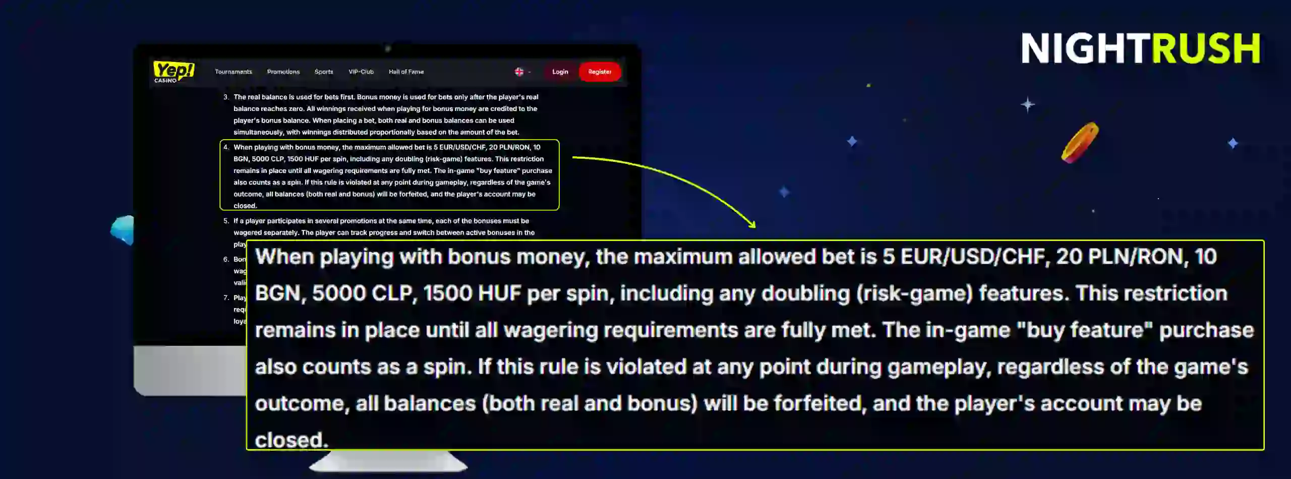 Monitors displaying the bonus terms page for Yep Casino. A callout box highlights section 4.