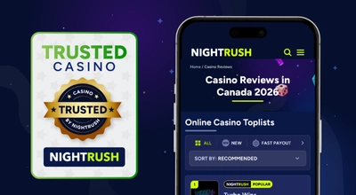 A phone with casino reviews and a trusted casino badge next to it against a starry background.