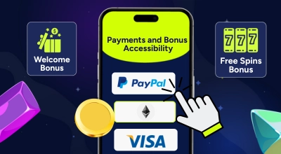 Welcome and free spins bonuses with payment methods on a phone against a blue background.