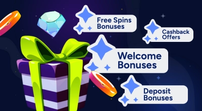 Casino bonuses with a gift box, gem and two coins against a starry background.