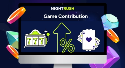 Game contribution with a percentage, cards, and a slot against a starry background.