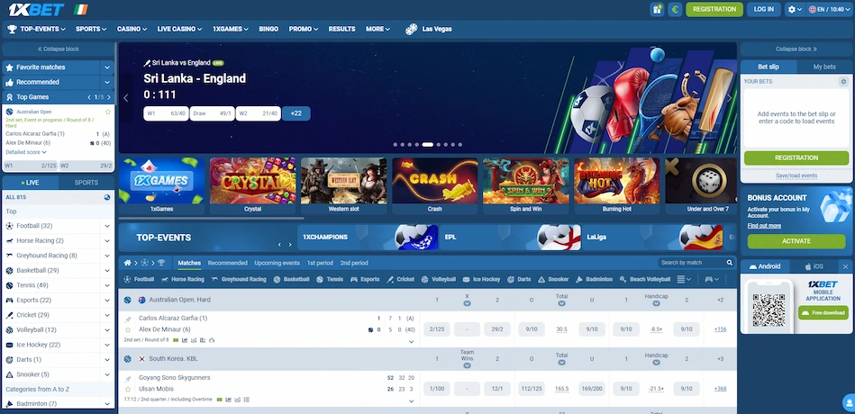 1xBet Ireland casino homepage