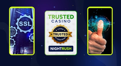 SSL and KYC images next to a trusted casino badge against a dark background.