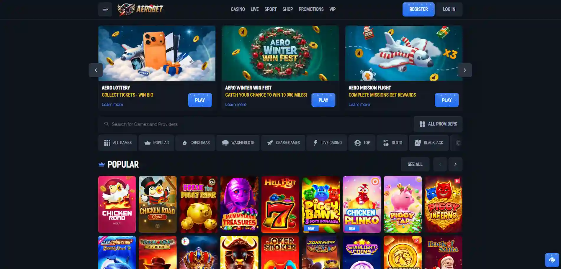 Aerobet Casino homepage