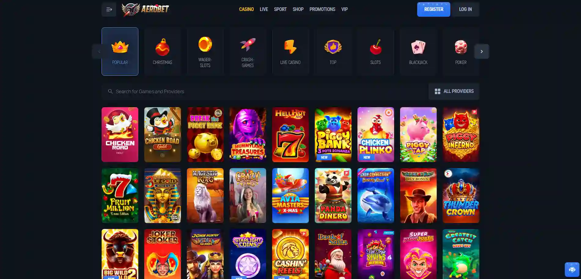 Aerobet Casino slot games page