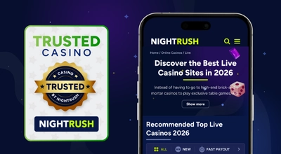 Smartphone screen showing a Trusted Casino seal and a list of recommended live casino sites in 2026.