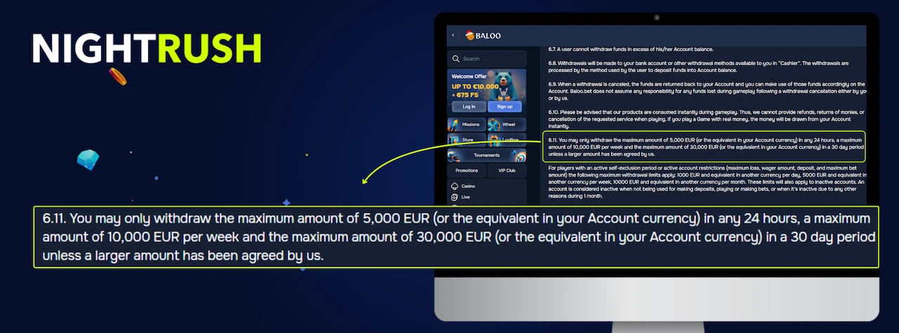 Monitor displaying the T&C page for Baloo. A callout box highlights section 6.11.