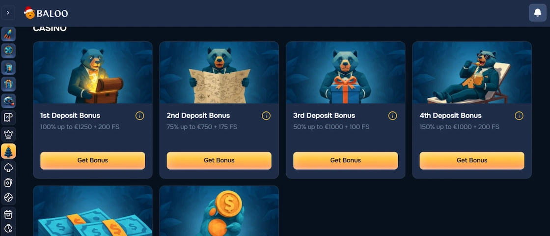 Screenshot of Baloo Casino's promotions page