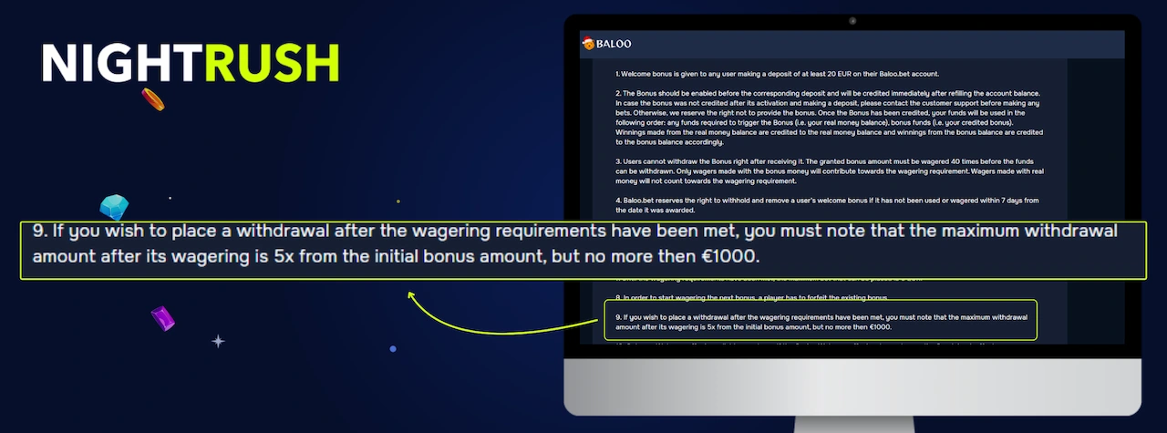 Monitor displaying the Bonus Policy page for Baloo. A callout box highlights section 9.
