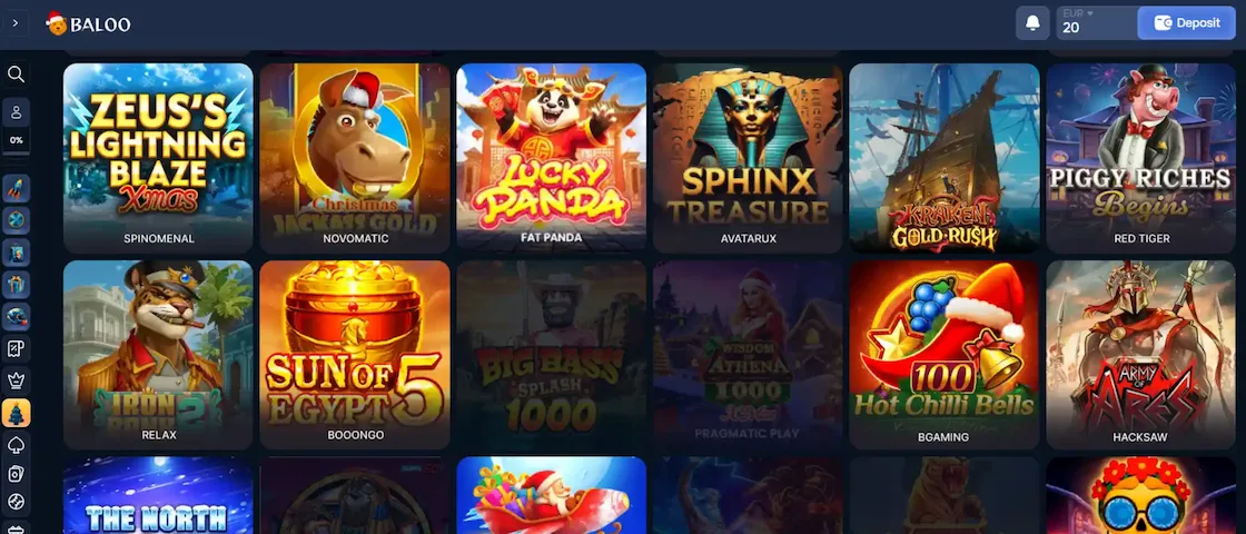 Screenshot of Baloo Casino's game selection.