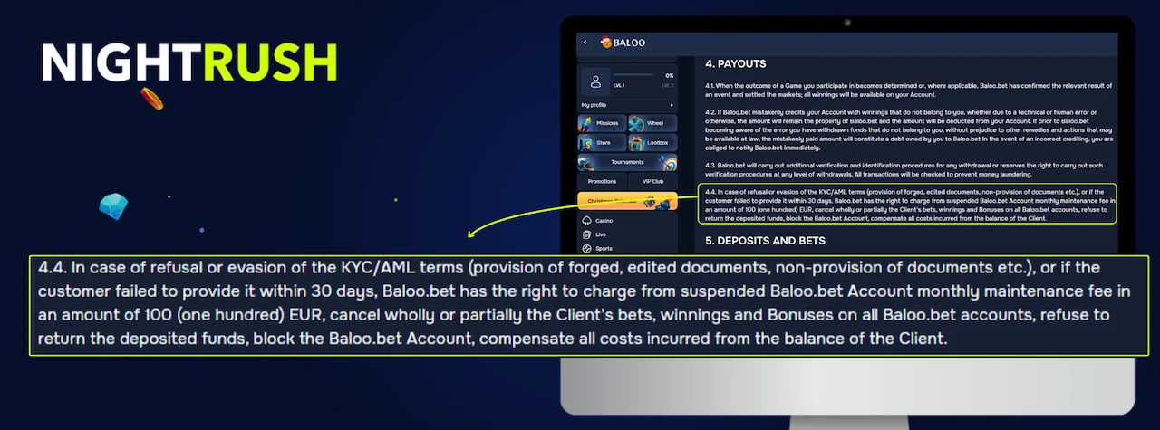 Monitor displaying the KYC page for Baloo. A callout box highlights section 4.4.