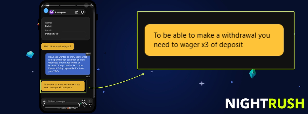 Phone displaying Baloo customer support. A callout box proves 3x wagering requirement.
