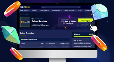Laptop shows Nightrush website Baloo Casino Review page.
